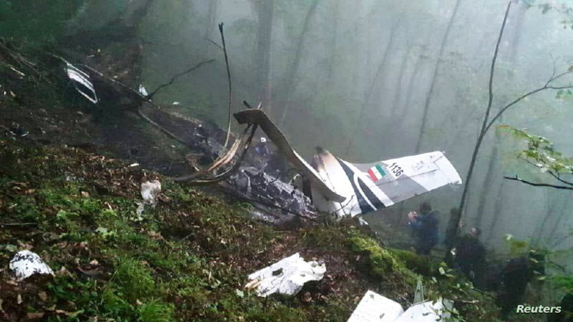 The wreckage of Iranian president Ebrahim Raisi's helicopter at the crash site on a mountain in Varzaghan area